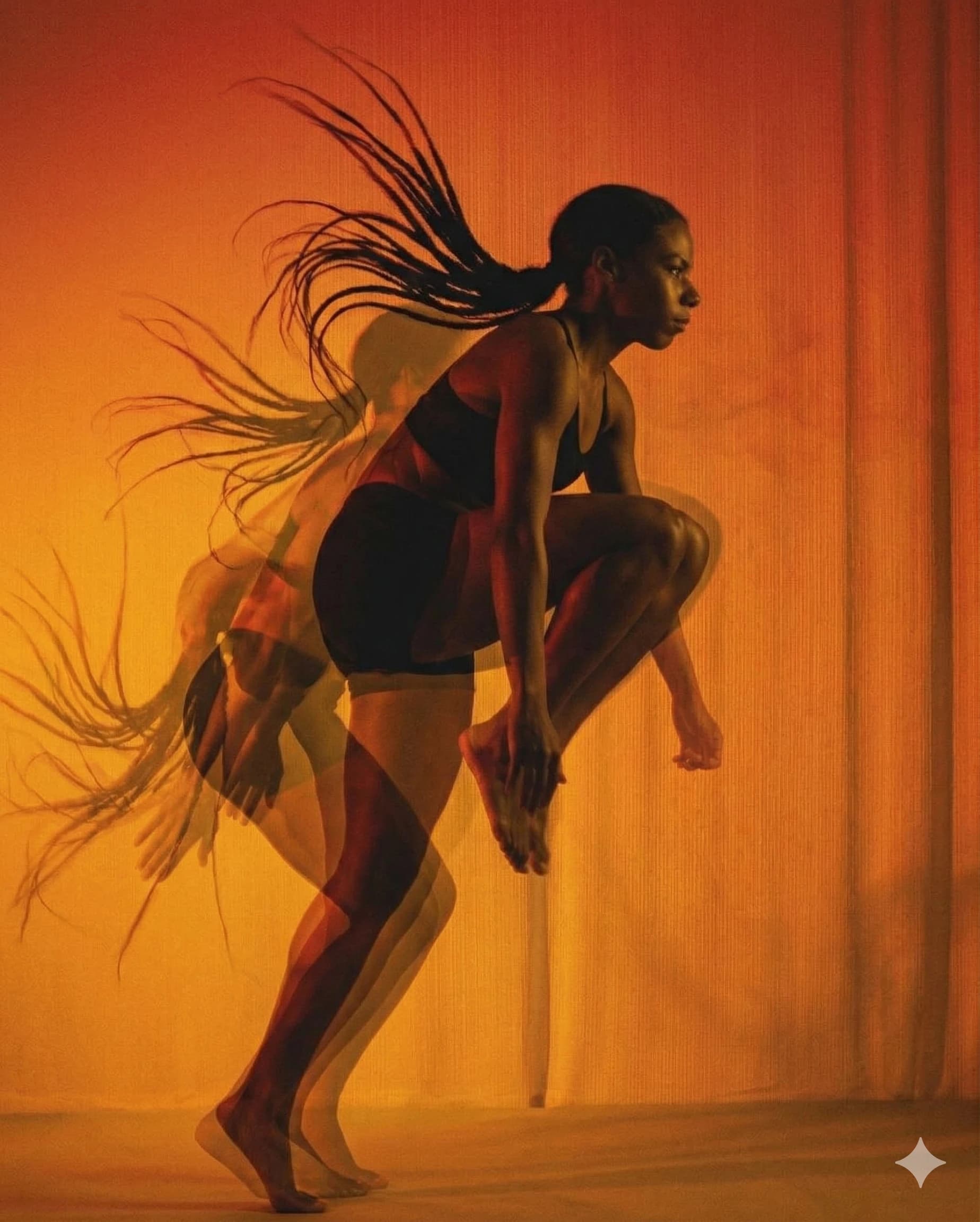 Long-exposure photo of a woman mid-jump, motion trails captured against a warm orange backdrop — physical movement as input to the Movement pillar