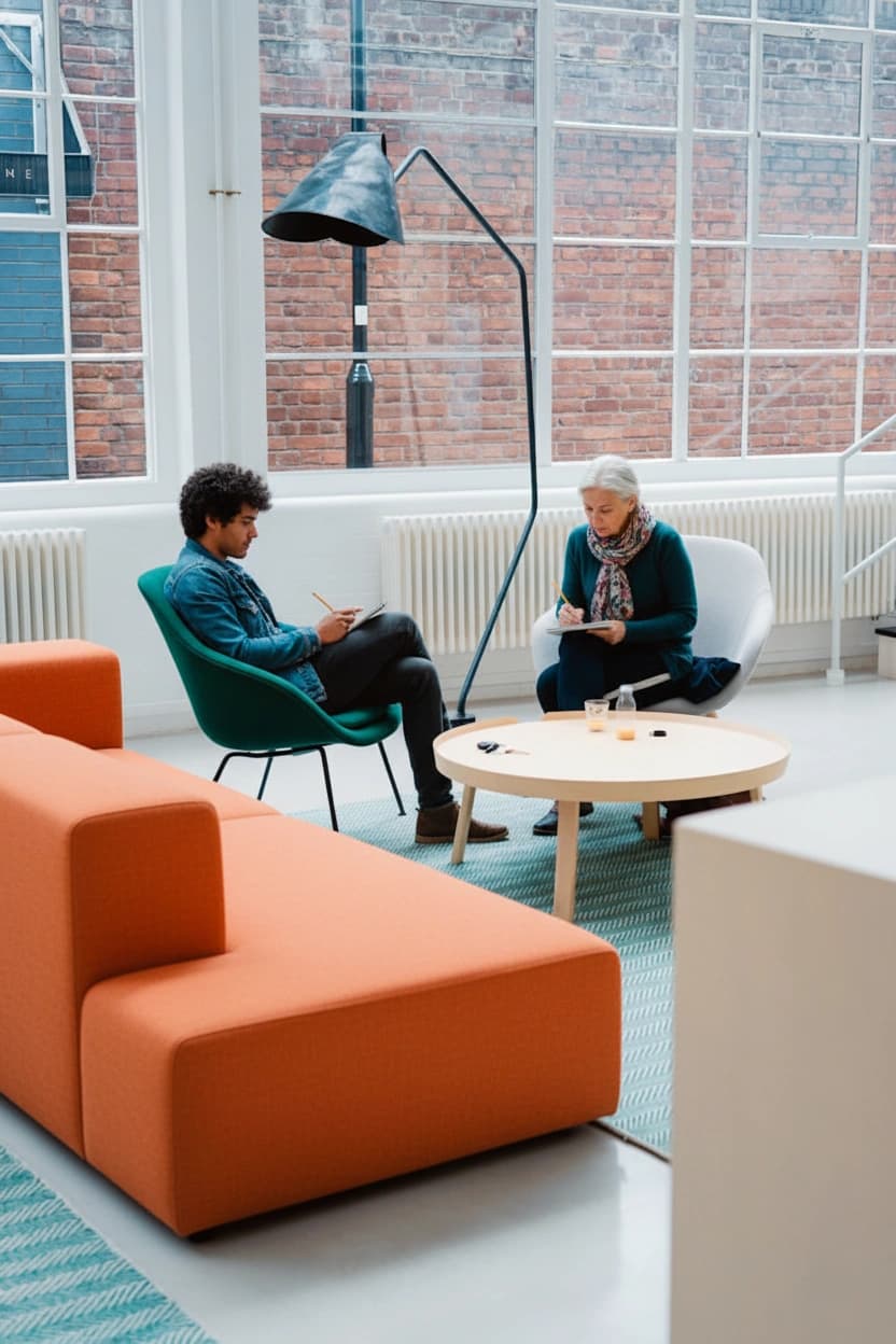 Two colleagues in conversation in a bright modern office lounge