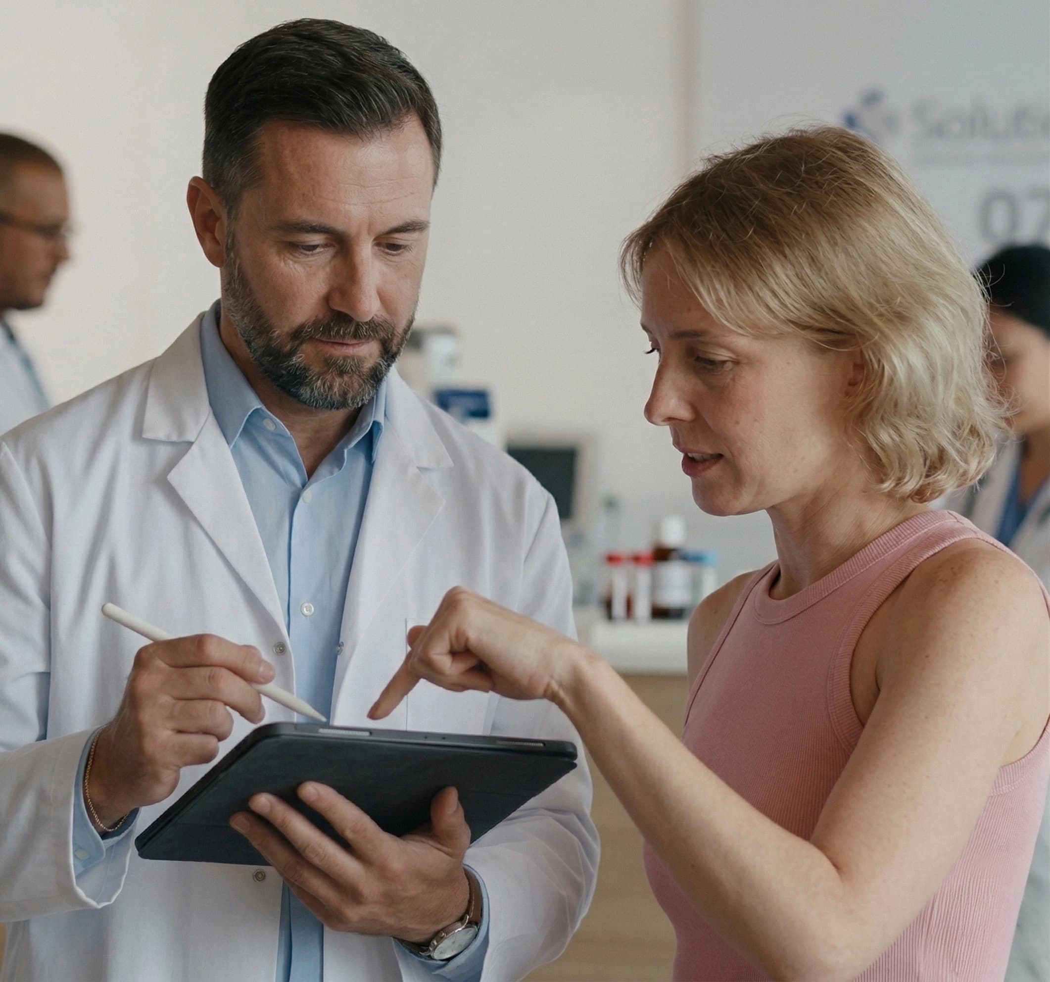 Doctor reviewing results on a tablet with a patient