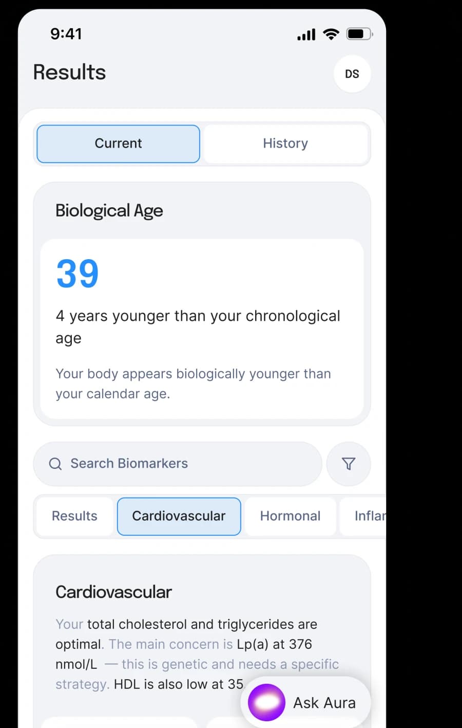 nuAura app results screen showing a biological age of 39, four years younger than chronological age